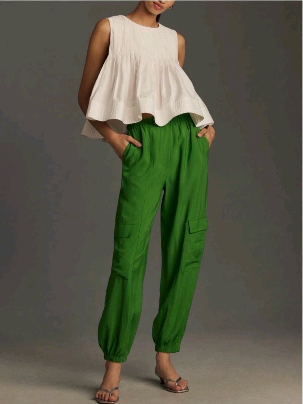 ANTHROPOLOGIE Green Baggy Cargo Drawstring Jogger Parachute Pants SIZE SMALL